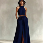 Neck-hanging Sleeveless Top High-waisted Split Wide-leg Long Skirt Two-piece Set