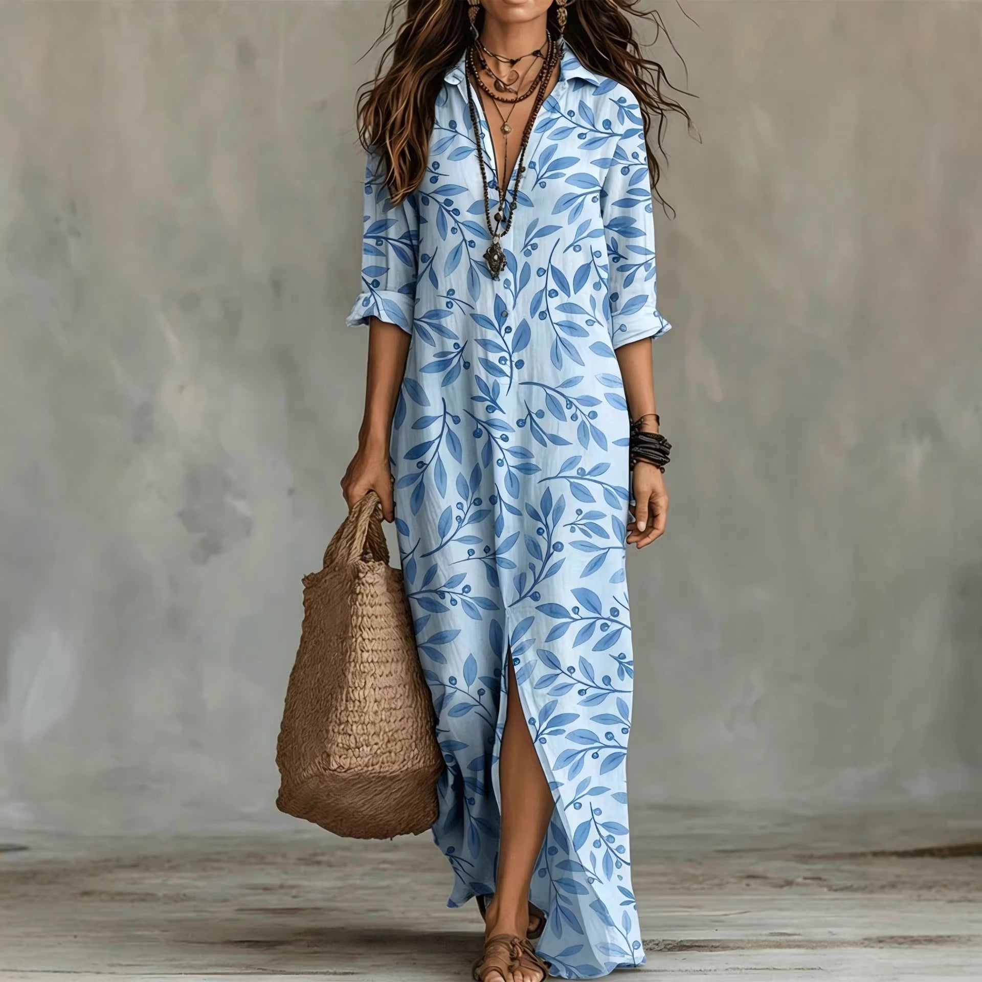 Casual Lapel-Neck Long Digital-Print Womens Shirt Dress