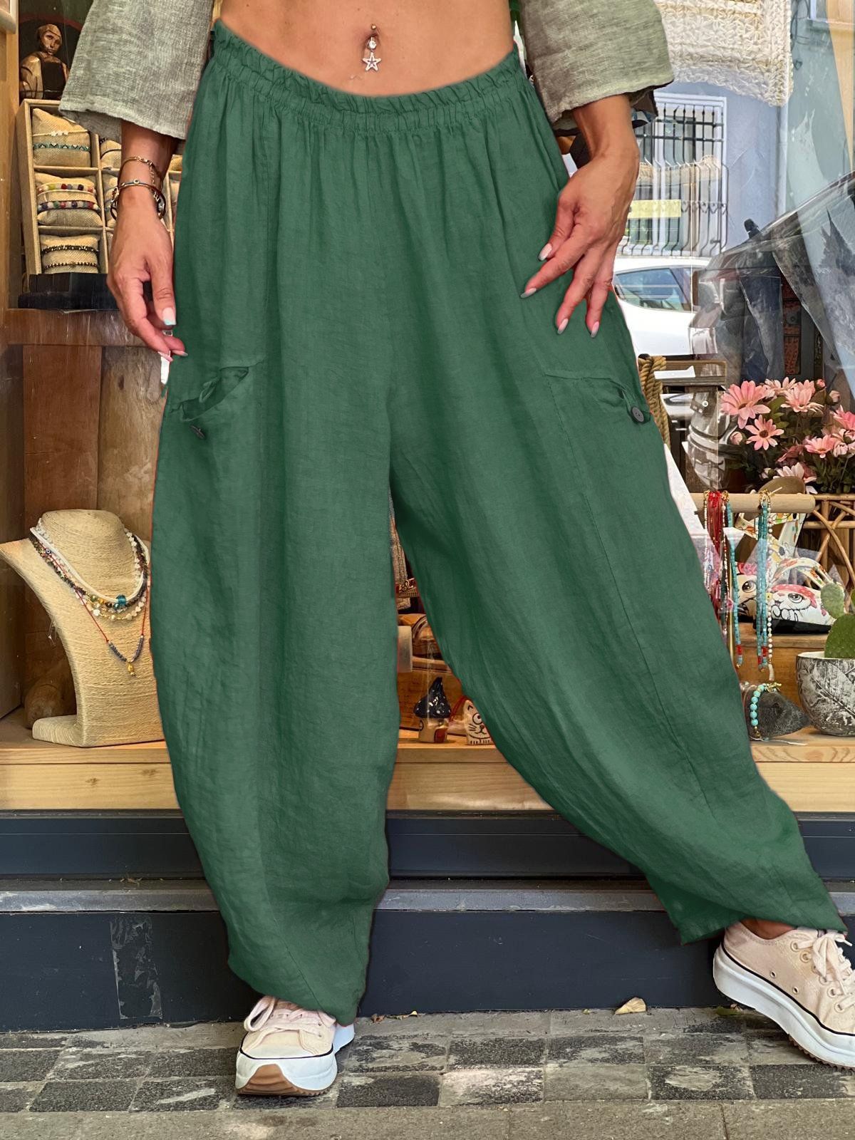 AutumnWinter Cotton-Linen Womens Long Solid-Color Pockets Loose Pants
