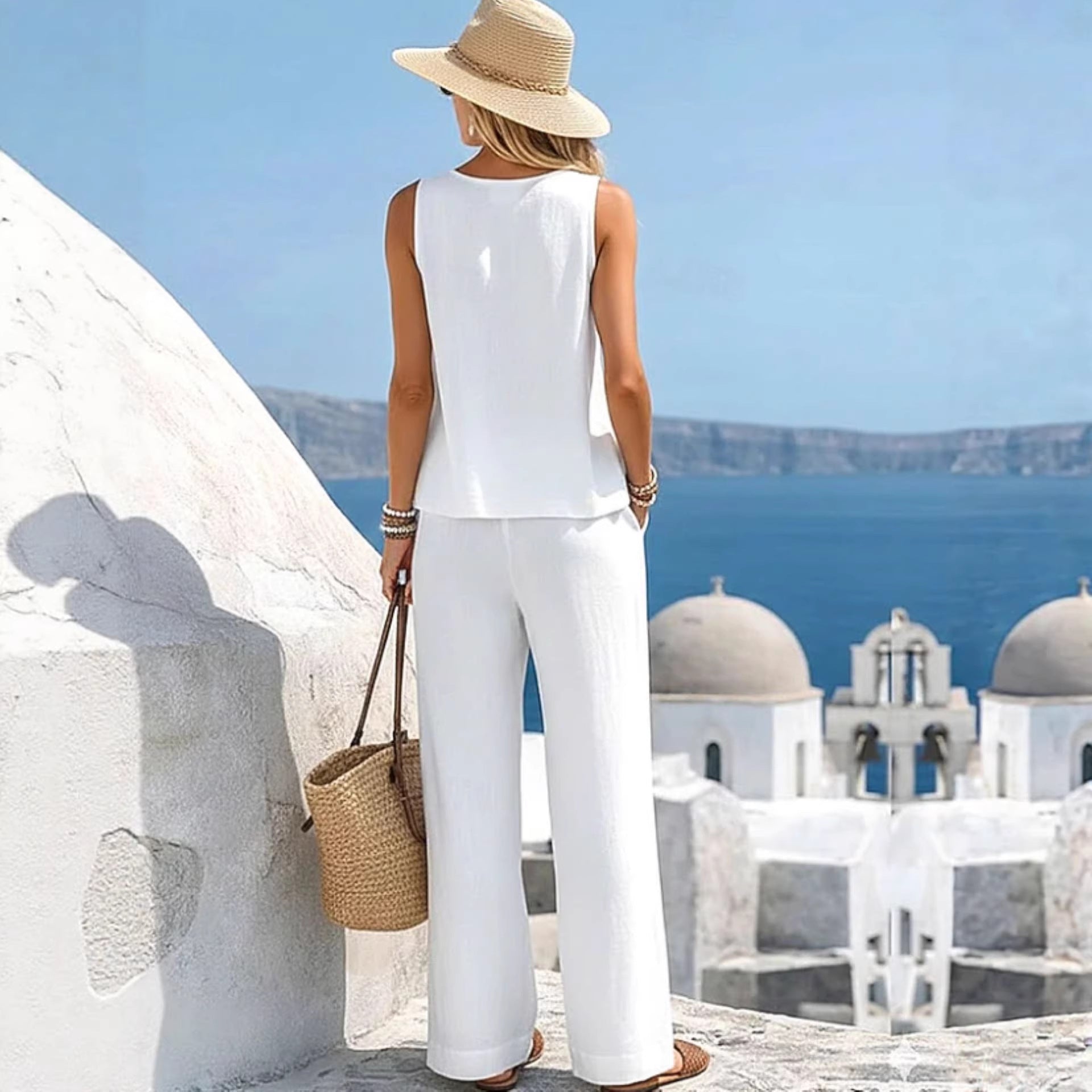 Round-neck Solid-color Fashionable Womens Casual Cotton-Linen Vest And Pants Set