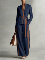 Women's Mandarin-collar Cardigan Blouse And Wide-leg Pants Set