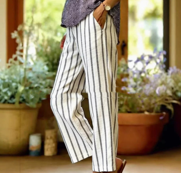 Womens Striped Elastic Waist Loose Casual Pants