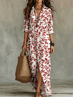 Casual Lapel-Neck Long Digital-Print Womens Shirt Dress