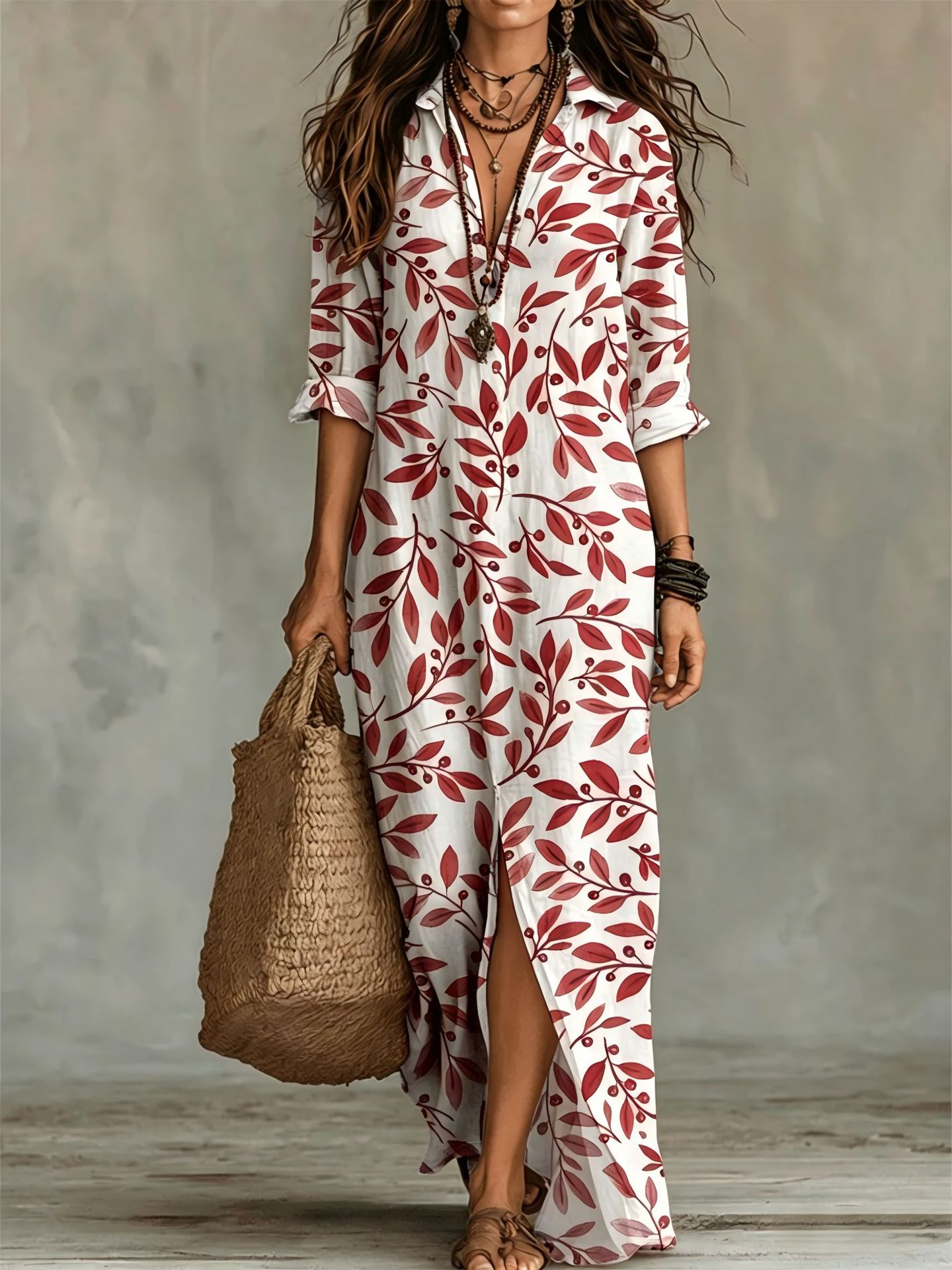 Casual Lapel-Neck Long Digital-Print Womens Shirt Dress