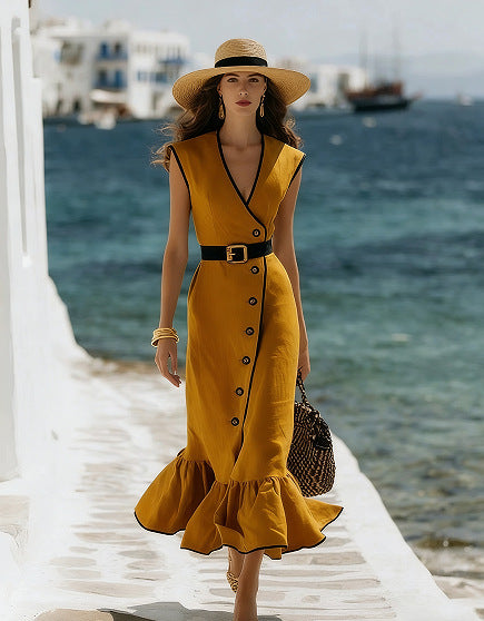 Fashionable V-Neck Linen Blend Midi Dress