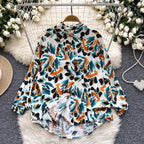 Retro French-style Printed Womens Autumn Loose Slimming Top