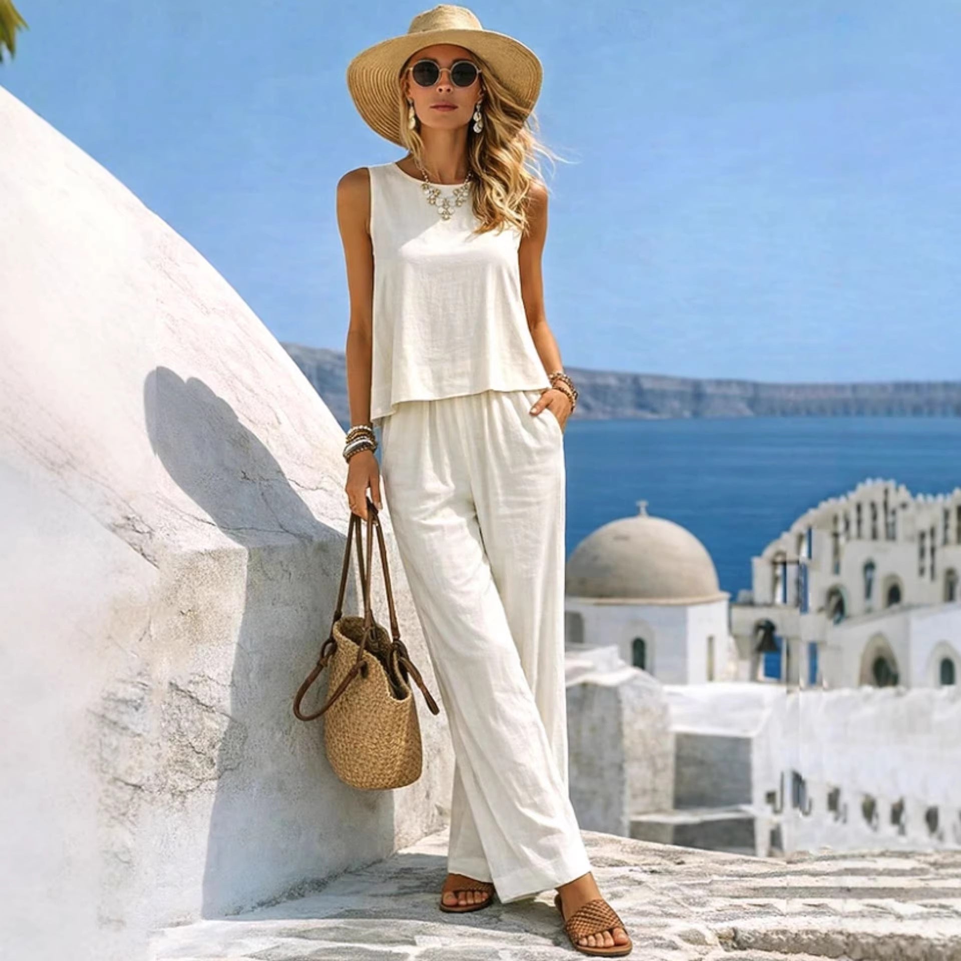 Round-neck Solid-color Fashionable Womens Casual Cotton-Linen Vest And Pants Set