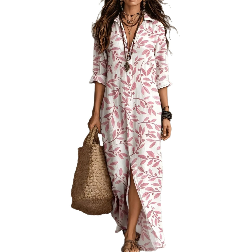Casual Lapel-Neck Long Digital-Print Womens Shirt Dress