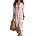 Casual Lapel-Neck Long Digital-Print Womens Shirt Dress
