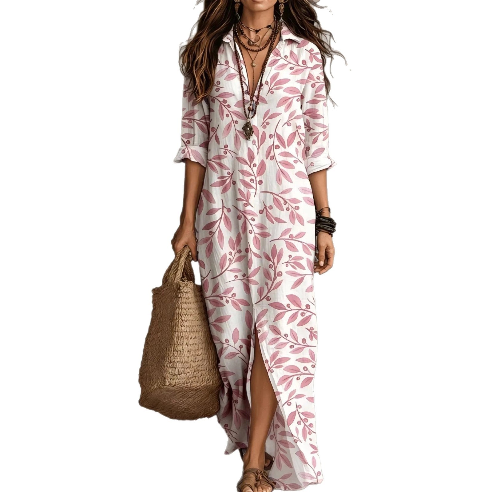 Casual Lapel-Neck Long Digital-Print Womens Shirt Dress