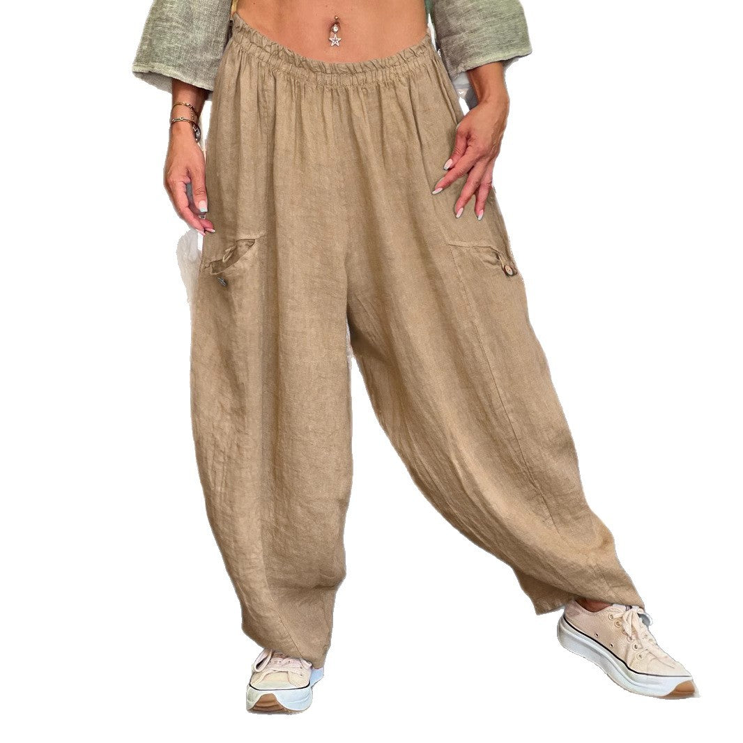 AutumnWinter Cotton-Linen Womens Long Solid-Color Pockets Loose Pants