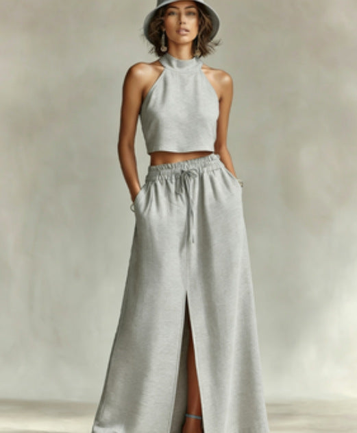 Neck-hanging Sleeveless Top High-waisted Split Wide-leg Long Skirt Two-piece Set