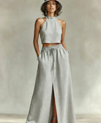 Neck-hanging Sleeveless Top High-waisted Split Wide-leg Long Skirt Two-piece Set