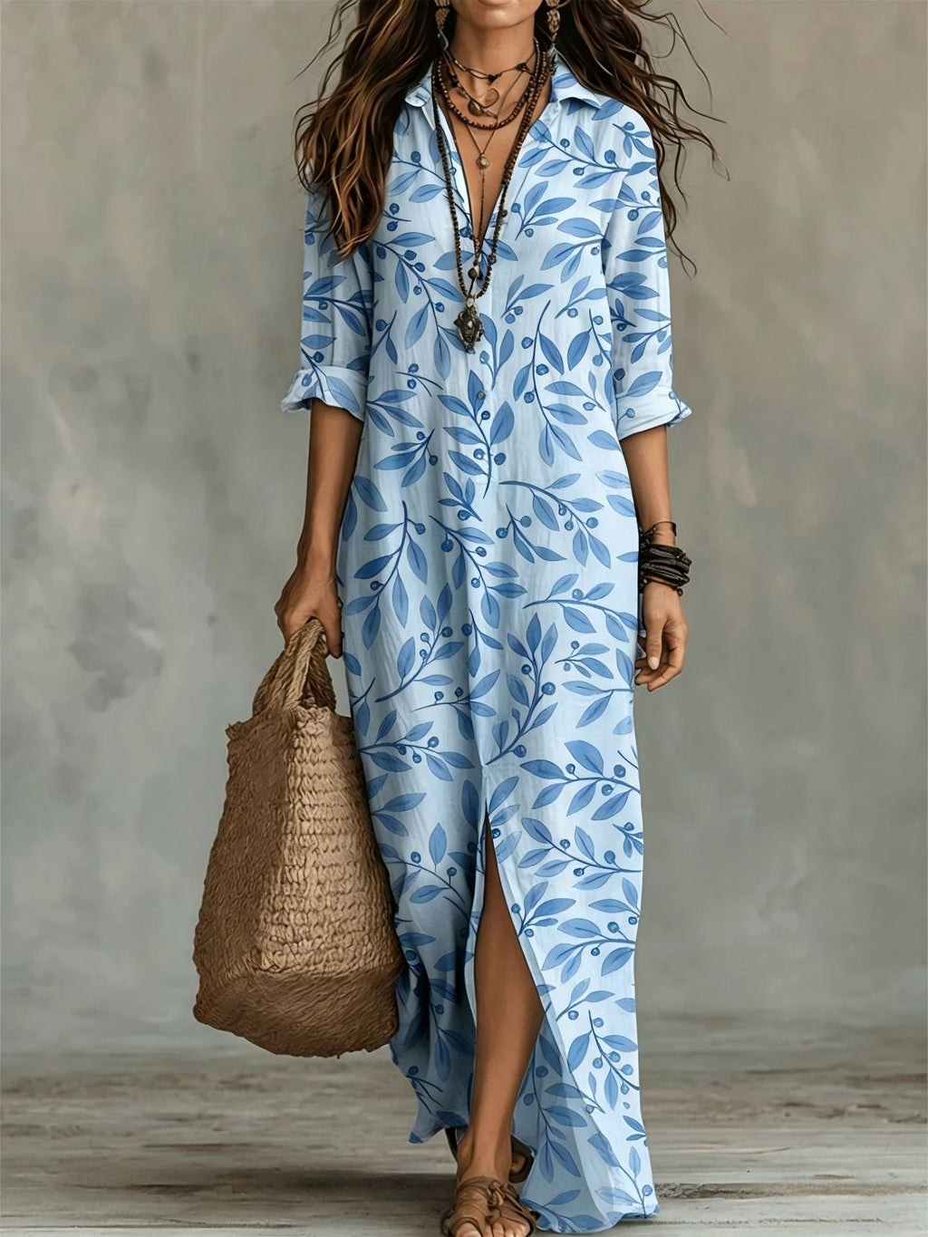 Casual Lapel-Neck Long Digital-Print Womens Shirt Dress