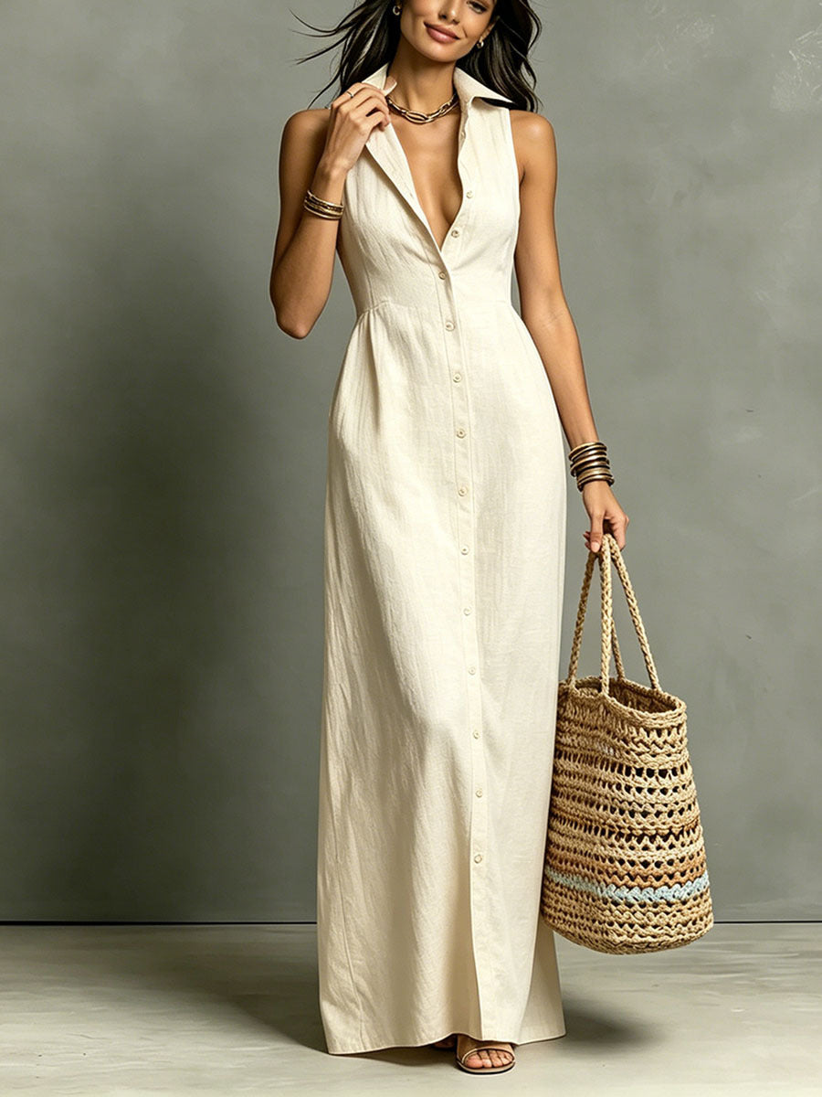Casual Cotton Linen Bag-Sleeveless Solid Color Dress