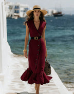 Fashionable V-Neck Linen Blend Midi Dress