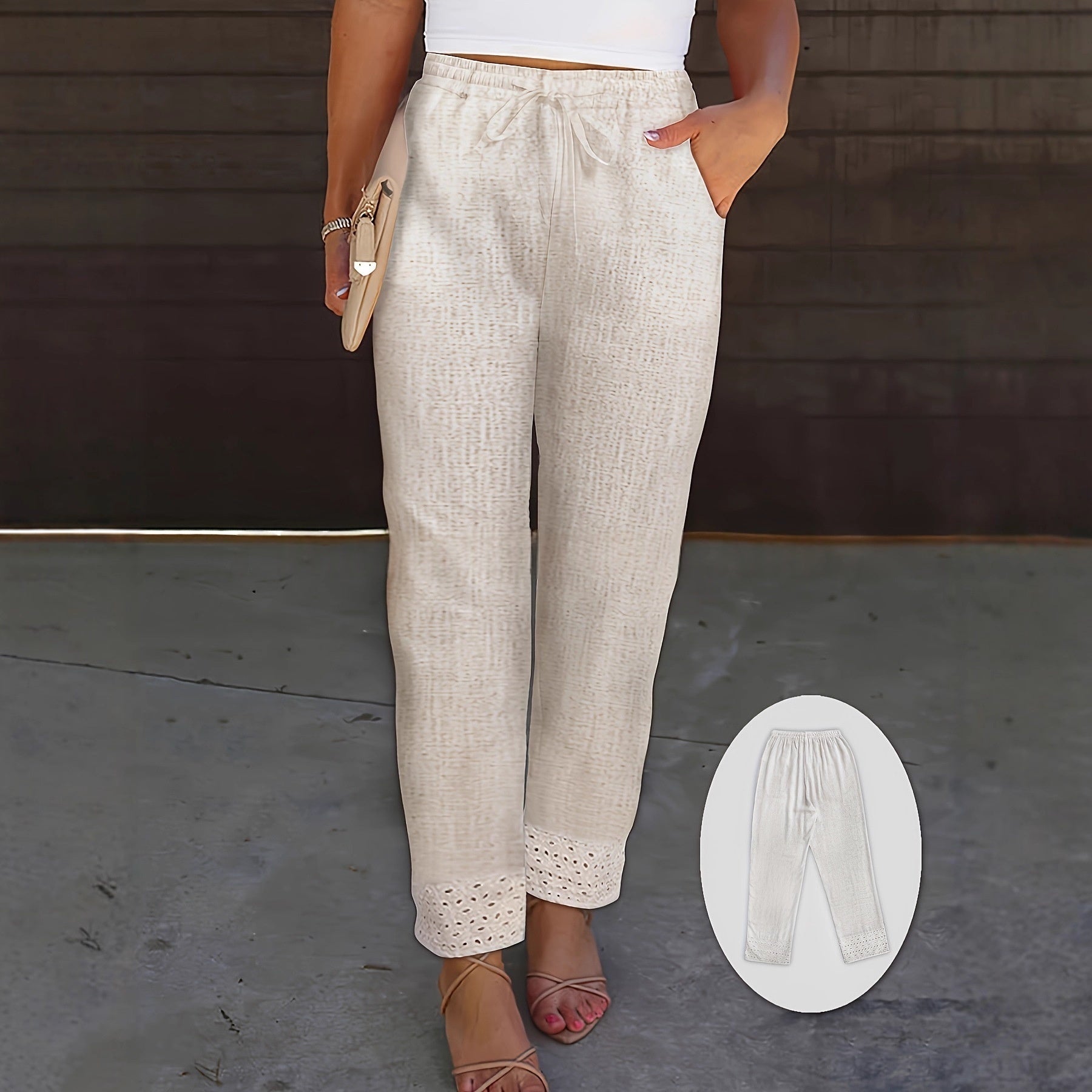 European And American-style Embroidered Lace-Patchwork Elastic-Waist Cropped Pants