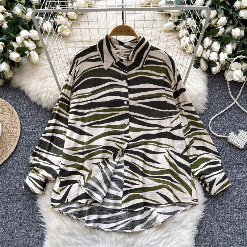 Retro French-style Printed Womens Autumn Loose Slimming Top