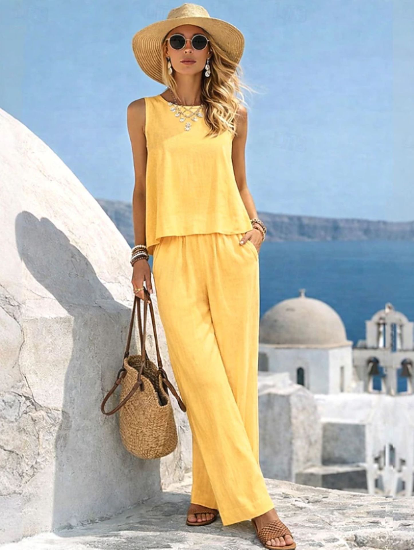 Round-neck Solid-color Fashionable Womens Casual Cotton-Linen Vest And Pants Set