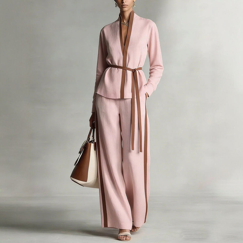 Women's Mandarin-collar Cardigan Blouse And Wide-leg Pants Set