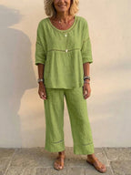 Casual Commuter Comfortable Loose Crew-Neck Linen Set