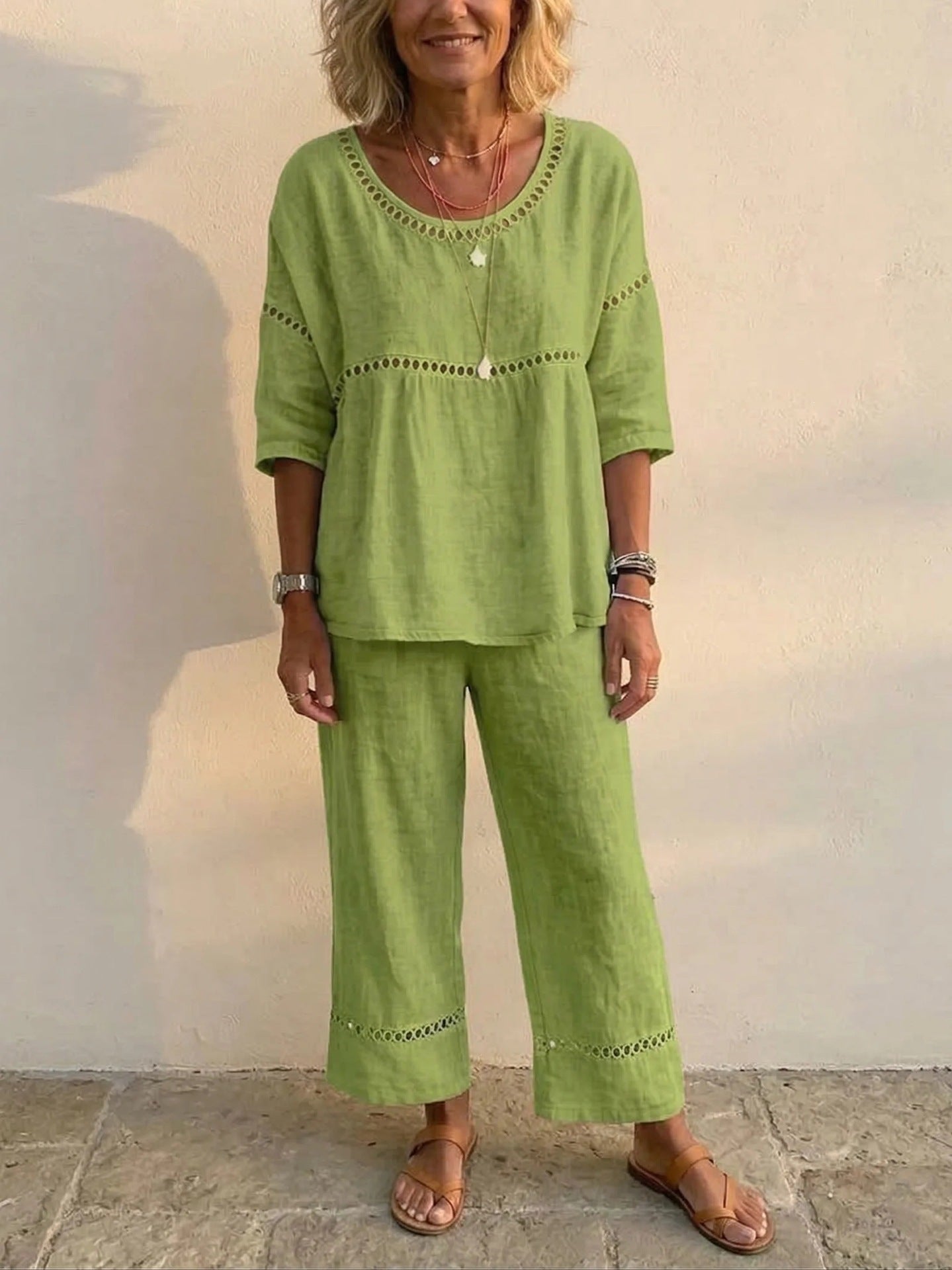 Casual Commuter Comfortable Loose Crew-Neck Linen Set