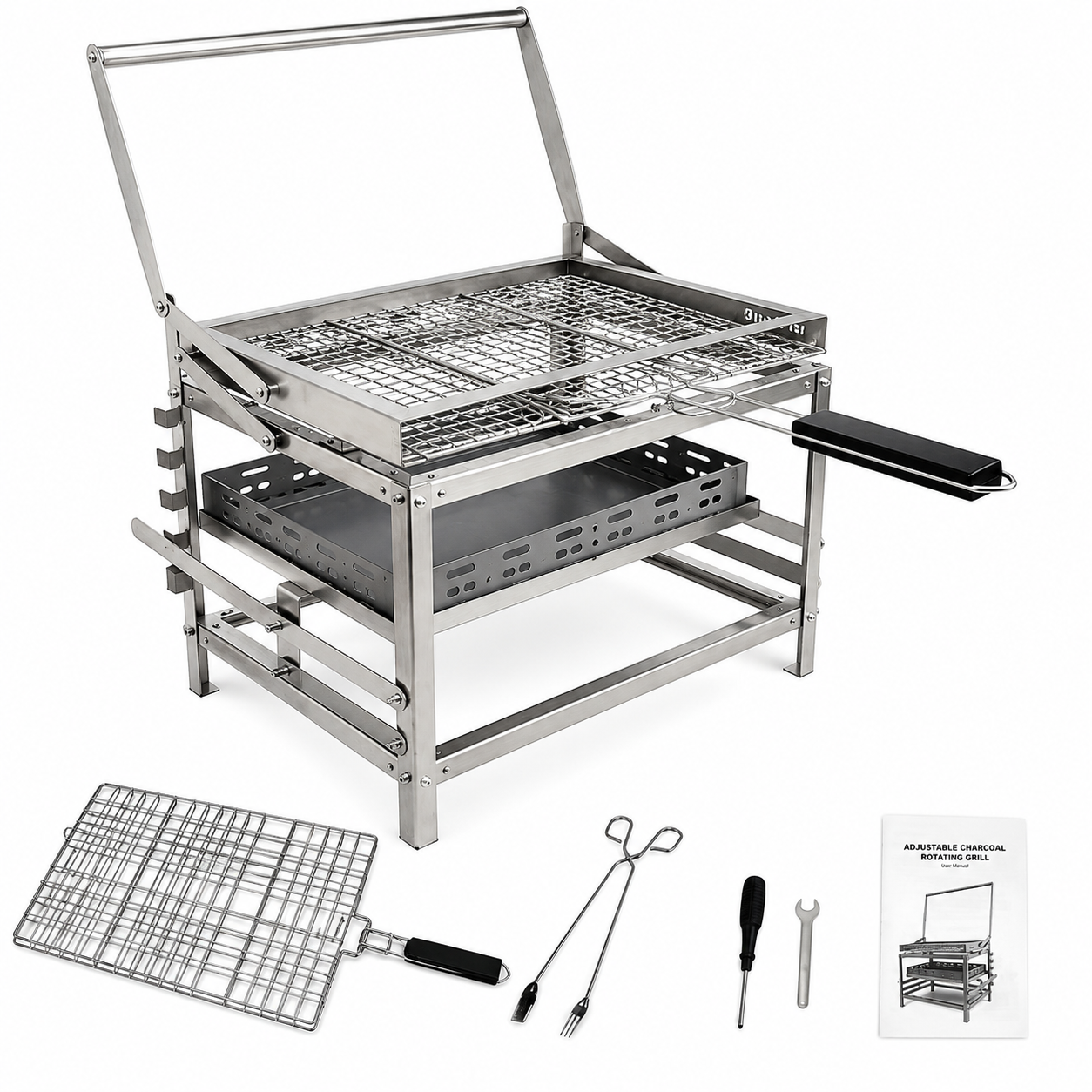 ⚡Clearance Sale🍻 Adjustable Charcoal Rotating Grill, with BBQ Net and Carbon Clip×2, Outdoor Barbecue, Summer Camping