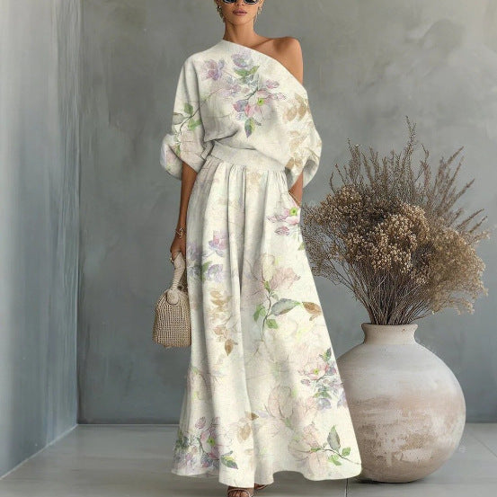 Printed Off-Shoulder Top And Pants Two-Piece Set