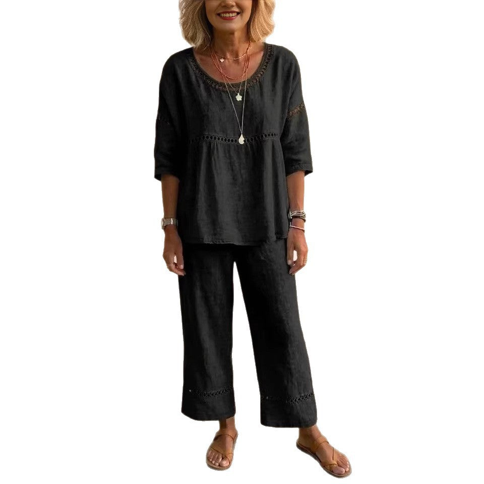 Casual Commuter Comfortable Loose Crew-Neck Linen Set