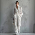 Lace Long-sleeve Shirt And Wide-leg Pants Set