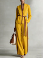 Women's Mandarin-collar Cardigan Blouse And Wide-leg Pants Set