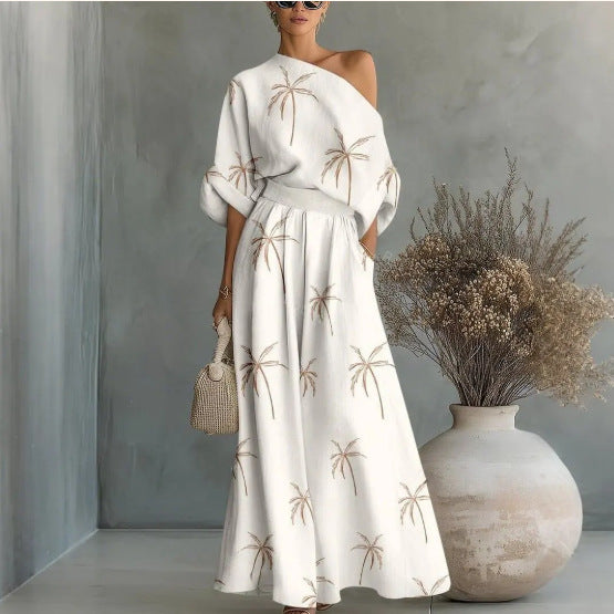 Printed Off-Shoulder Top And Pants Two-Piece Set