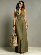 Casual Cotton Linen Bag-Sleeveless Solid Color Dress