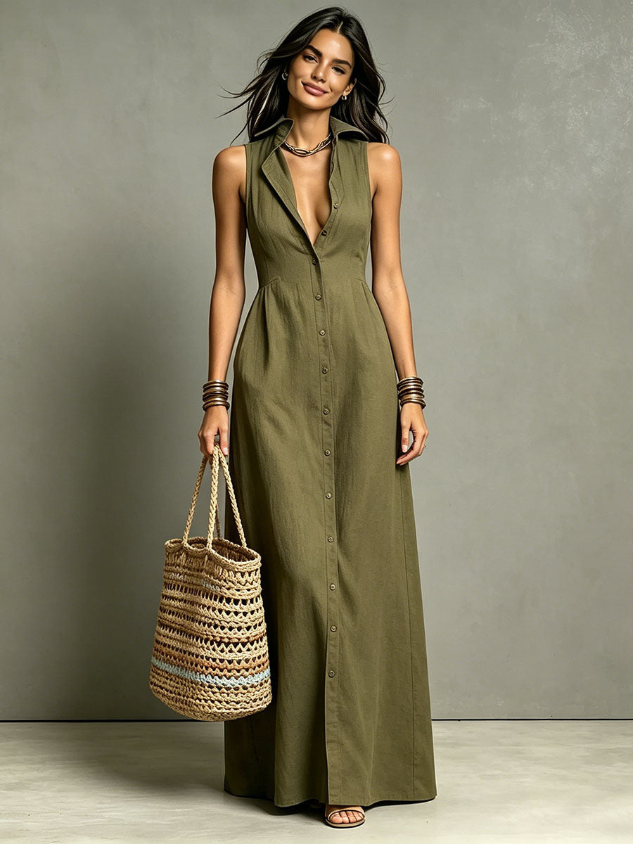 Casual Cotton Linen Bag-Sleeveless Solid Color Dress