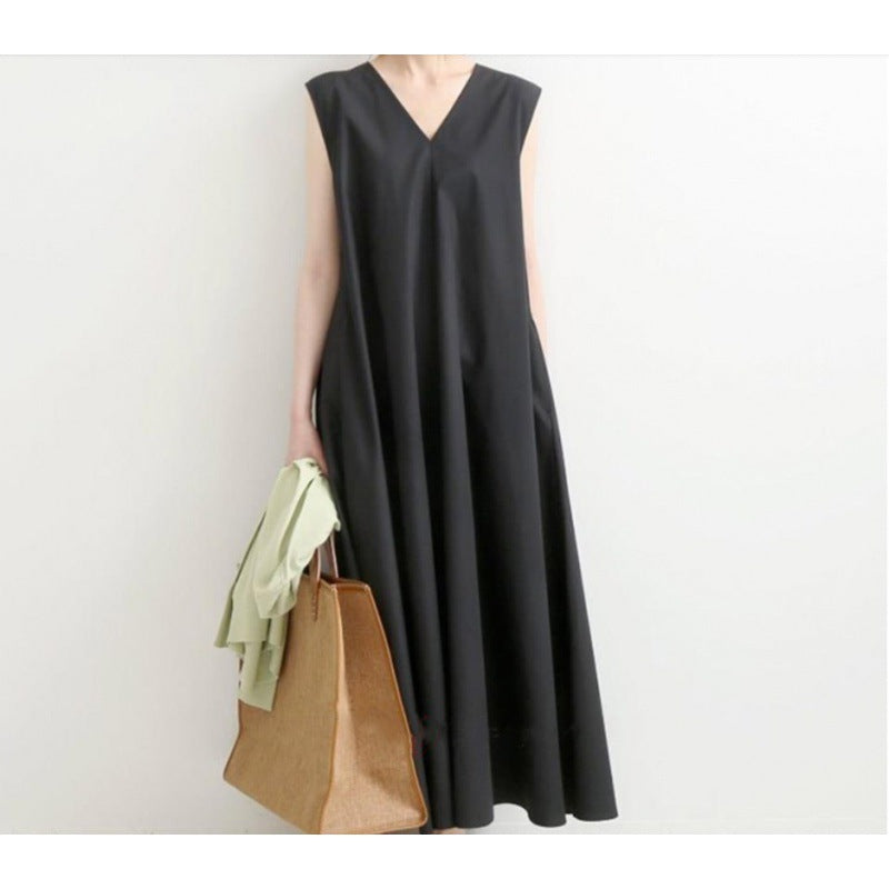 Simple, Versatile Solid-Color Plus-Size Mori Girl V-Neck Silk-Linen Tank Dress Long Skirt