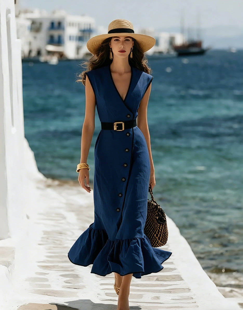 Fashionable V-Neck Linen Blend Midi Dress