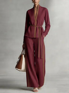 Women's Mandarin-collar Cardigan Blouse And Wide-leg Pants Set