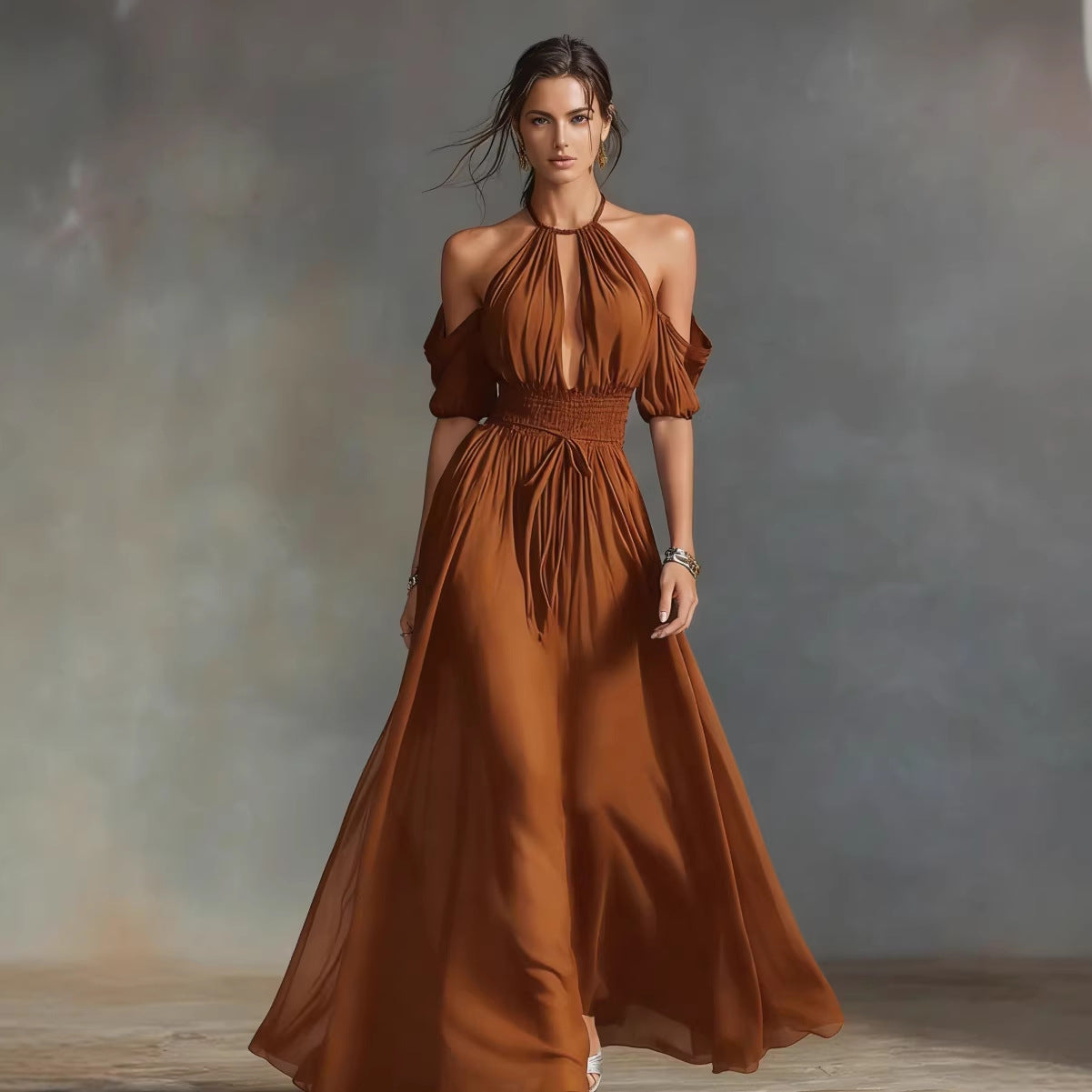 Womens Solid-Colored Halter Maxi Dress