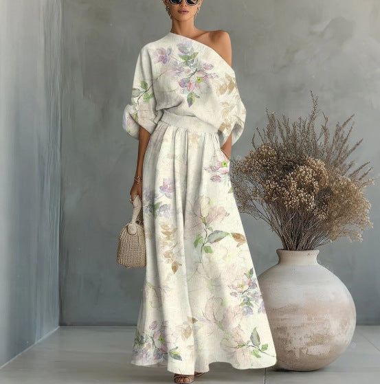 Printed Off-Shoulder Top And Pants Two-Piece Set