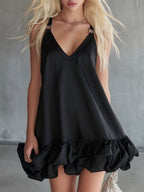 Womens Solid Color V-Neck Ruffled Mini Skirt
