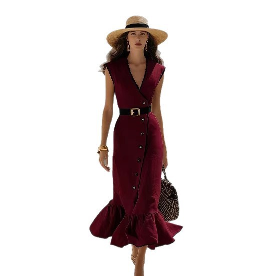 Fashionable V-Neck Linen Blend Midi Dress