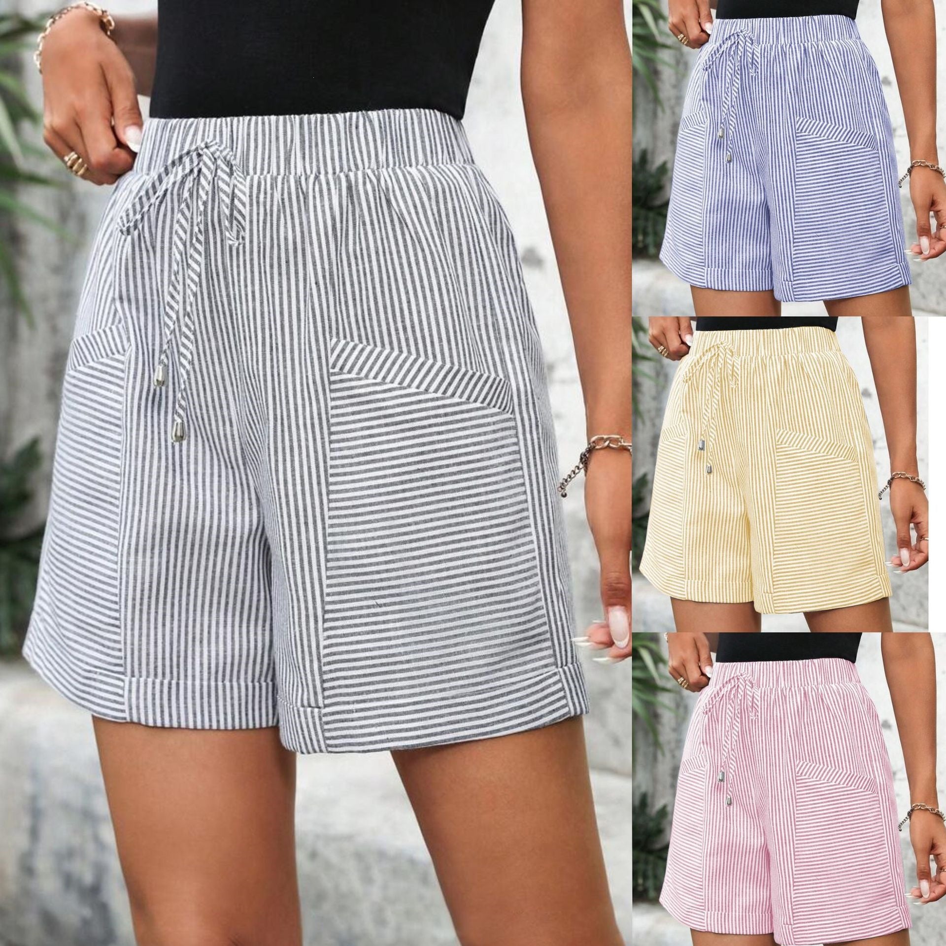 Women's Striped Casual Elastic-waist Shorts