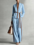Women's Mandarin-collar Cardigan Blouse And Wide-leg Pants Set