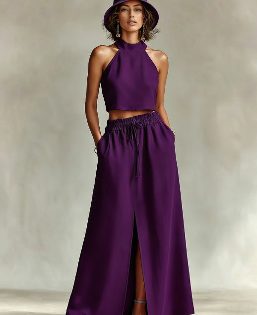 Neck-hanging Sleeveless Top High-waisted Split Wide-leg Long Skirt Two-piece Set