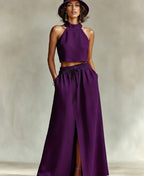 Neck-hanging Sleeveless Top High-waisted Split Wide-leg Long Skirt Two-piece Set