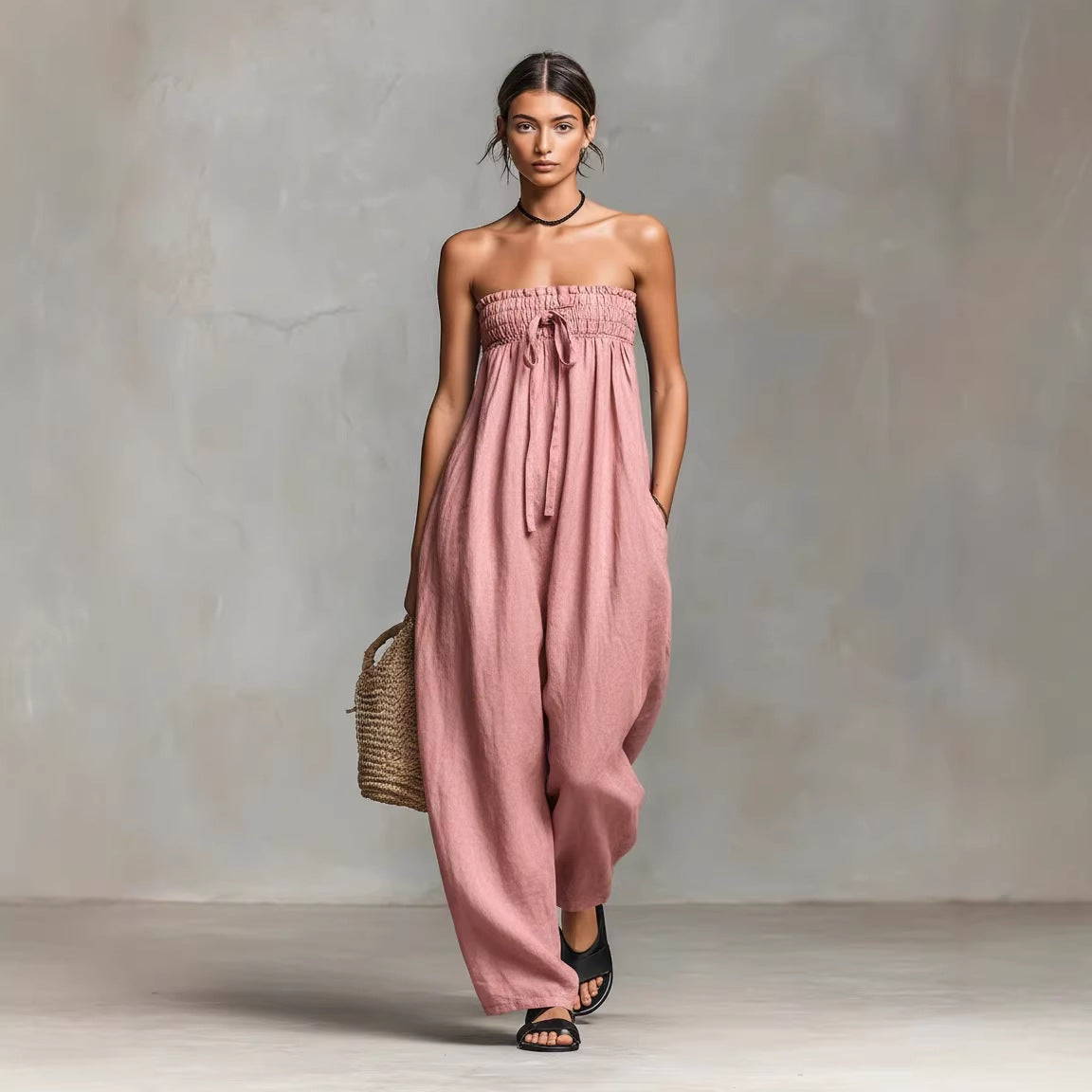 Bohemian Rhapsody Smocked Linen Jumpsuit – Oversized Wide-Leg Palazzo Fit
