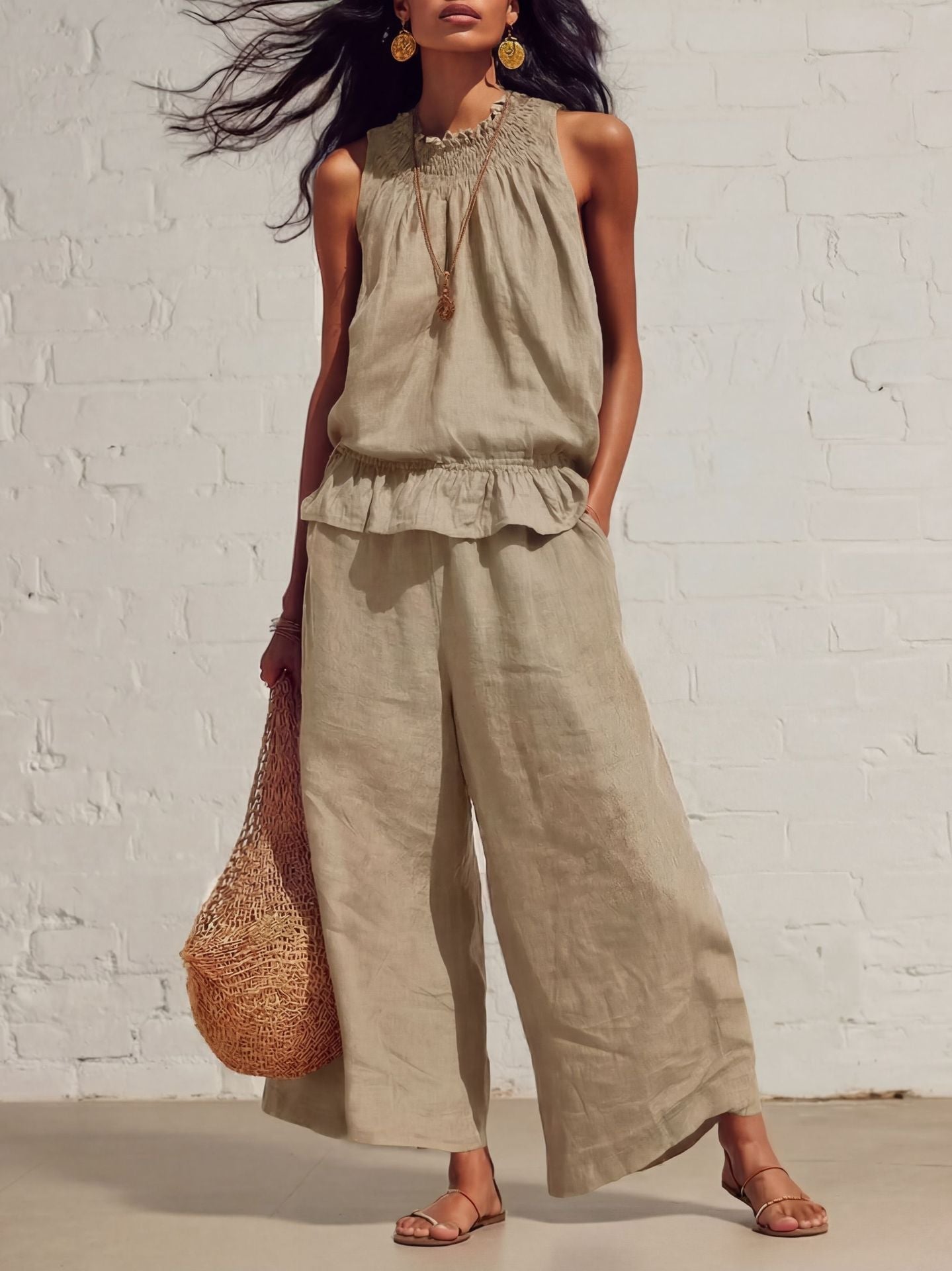 Sleeveless Smocked Linen Two-Piece Set | Ruffle Hem Wide Leg Pants Outfit
