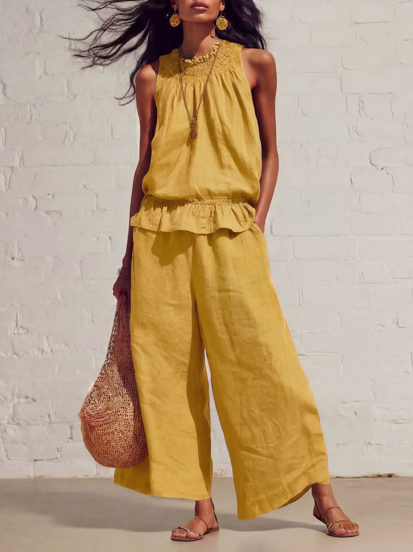 Sleeveless Smocked Linen Two-Piece Set | Ruffle Hem Wide Leg Pants Outfit