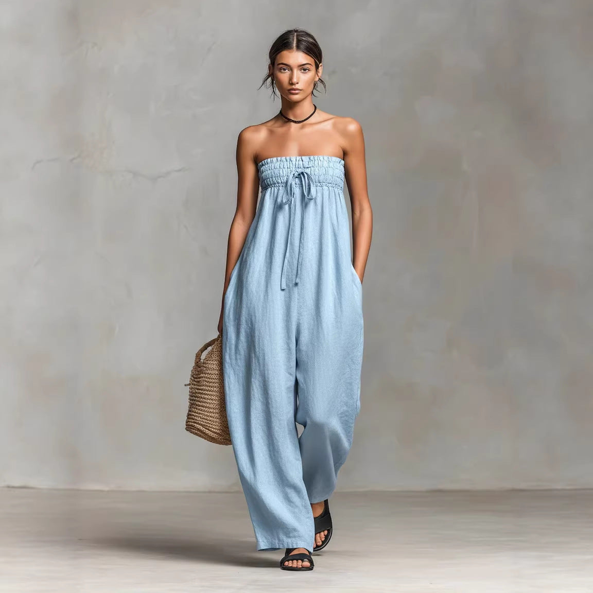 Bohemian Rhapsody Smocked Linen Jumpsuit – Oversized Wide-Leg Palazzo Fit