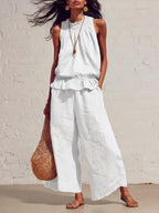 Sleeveless Smocked Linen Two-Piece Set | Ruffle Hem Wide Leg Pants Outfit